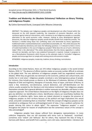 Tradition and Modernity: an Obsolete Dichotomy? Reflection on Binary Thinking and Indigenous Peoples by Celine Germond-Duret, Liverpool John Moores University