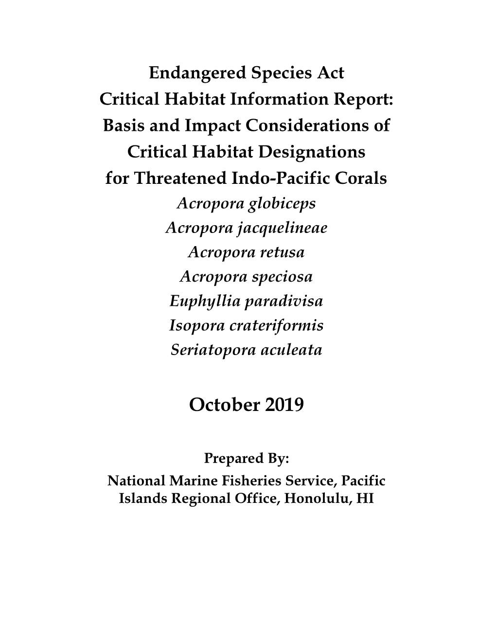 Endangered Species Act Critical Habitat Information Report