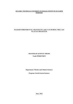 Paleoenvironmental Changes in Lake Van During the Last Glacial-Holocene