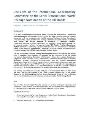 Decisions of the International Coordinating Committee on the Serial Transnational World Heritage Nomination of the Silk Roads