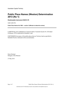 Public Place Names (Weston) Determination 2013 (No 1)
