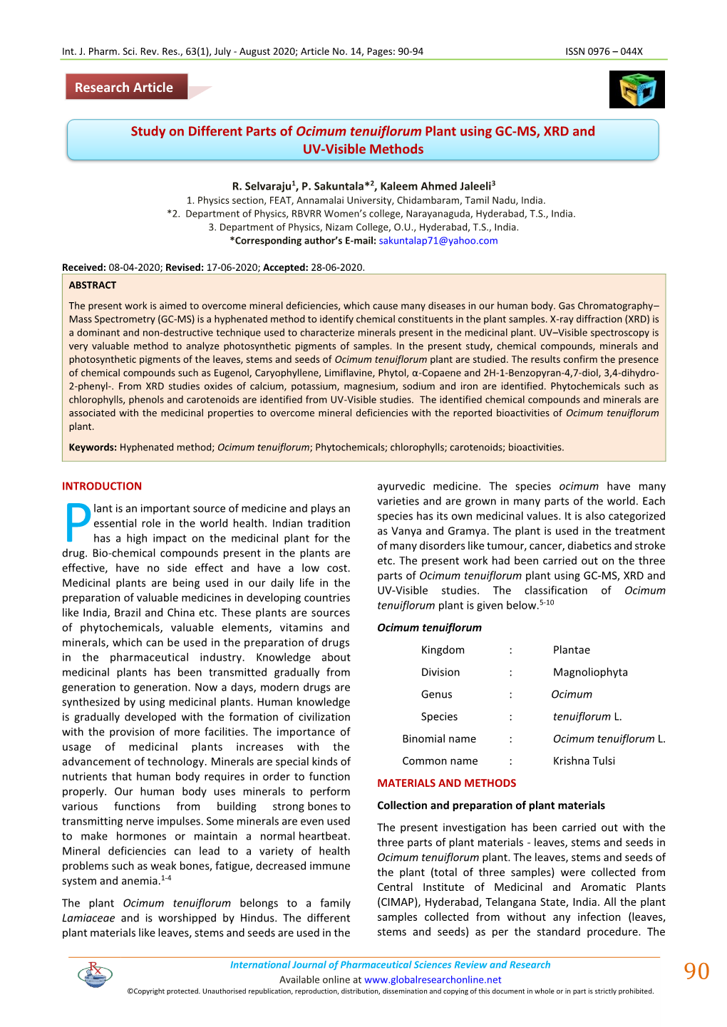 Study on Different Parts of Ocimum Tenuiflorum Plant Using GC-MS, XRD ...