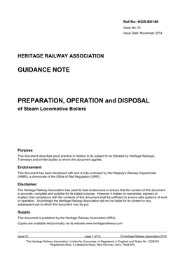 HGR-B9140-Is01 ______Preparation, Operation & Disposal Users of This Guidance Note Should Check the HRA Website to Ensure That They Have the Latest Version