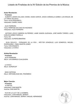 Listado De Finalistas De La XV Edición De Los Premios De La Música
