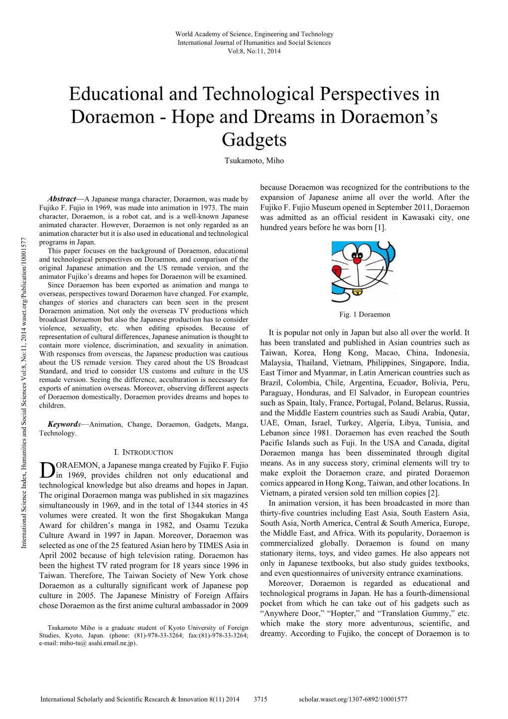 Educational and Technological Perspectives in Doraemon - Hope and Dreams in Doraemon’S Gadgets Tsukamoto, Miho