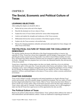 CHAPTER 21 the Social, Economic and Political Culture of Texas