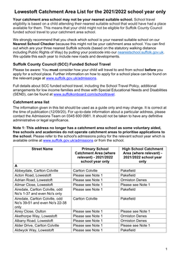 Lowestoft Catchment Area List for the 2021/2022 School Year Only Your Catchment Area School May Not Be Your Nearest Suitable School