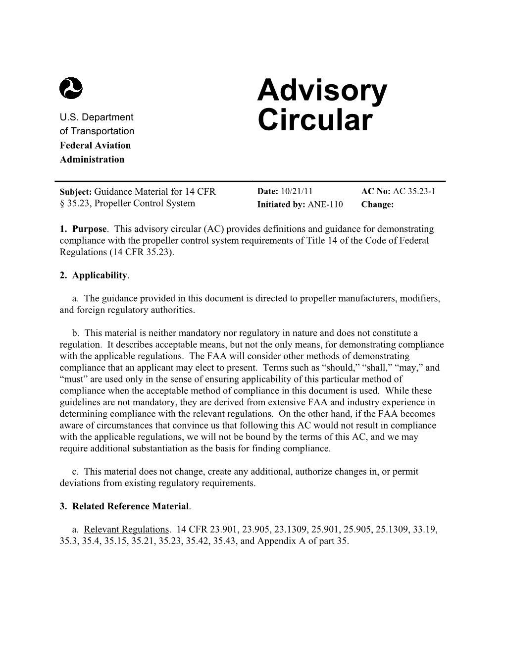 AC 35.23-1 § 35.23, Propeller Control System Initiated By: ANE-110 Change