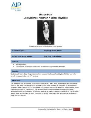 Lesson Plan Lise Meitner, Austrian Nuclear Physicist