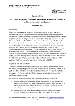 Technical Note the Use of Oral Cholera Vaccines for International Workers and Travelers to and from Cholera-Affected Countries November 2016