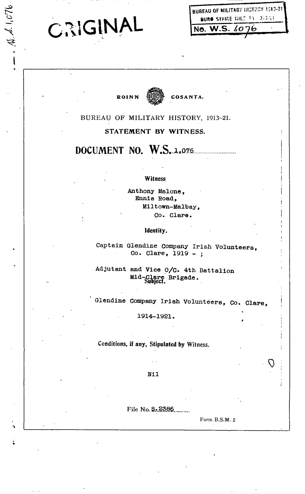 ROINN COSANTA. BUREAU of MILITARY HISTORY, 1913-21. STATEMENT by WITNESS. DOCUMENT NO. W.S. 1,076 Witness Anthony Malone, Ennia