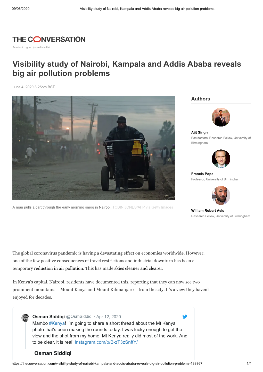 Visibility Study of Nairobi, Kampala and Addis Ababa Reveals Big Air Pollution Problems