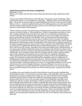 Audio Statement from Abu Omar Al-Baghdadi September 14, 2007 [Please Note: Images May Have Been Removed from This Document