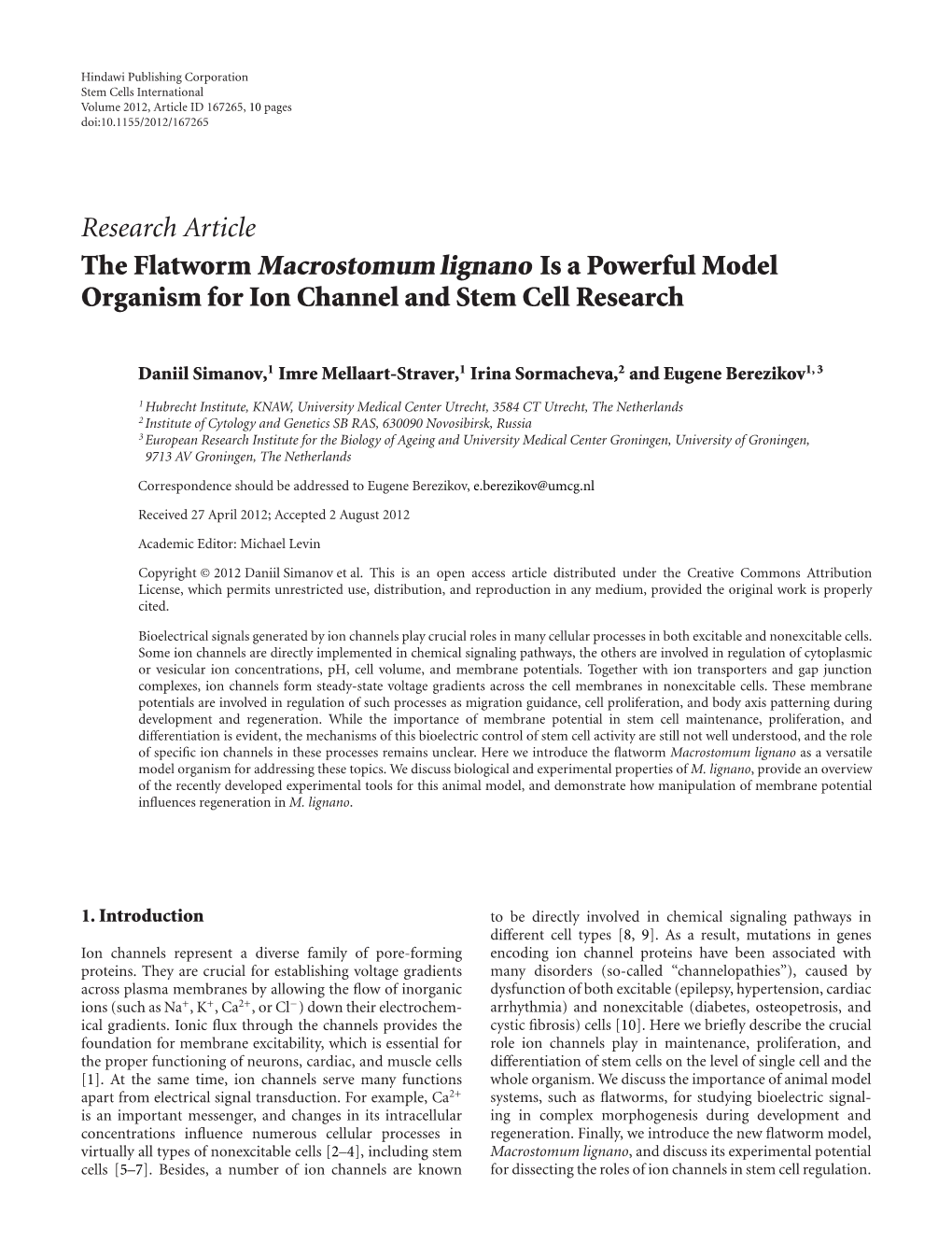 The Flatworm Macrostomum Lignano Is a Powerful Model Organism for Ion Channel and Stem Cell Research