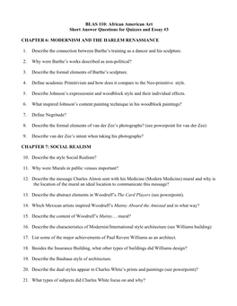 BLAS 110: African American Art Short Answer Questions for Quizzes and Essay #3