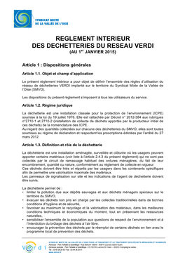 REGLEMENT INTERIEUR DES DECHETTERIES DU RESEAU VERDI (AU 1Er JANVIER 2015)
