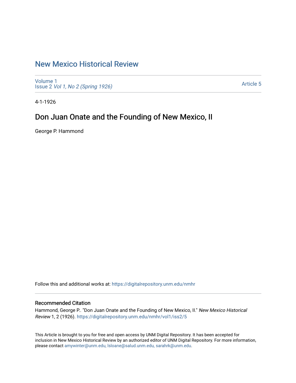 Don Juan Onate and the Founding of New Mexico, II