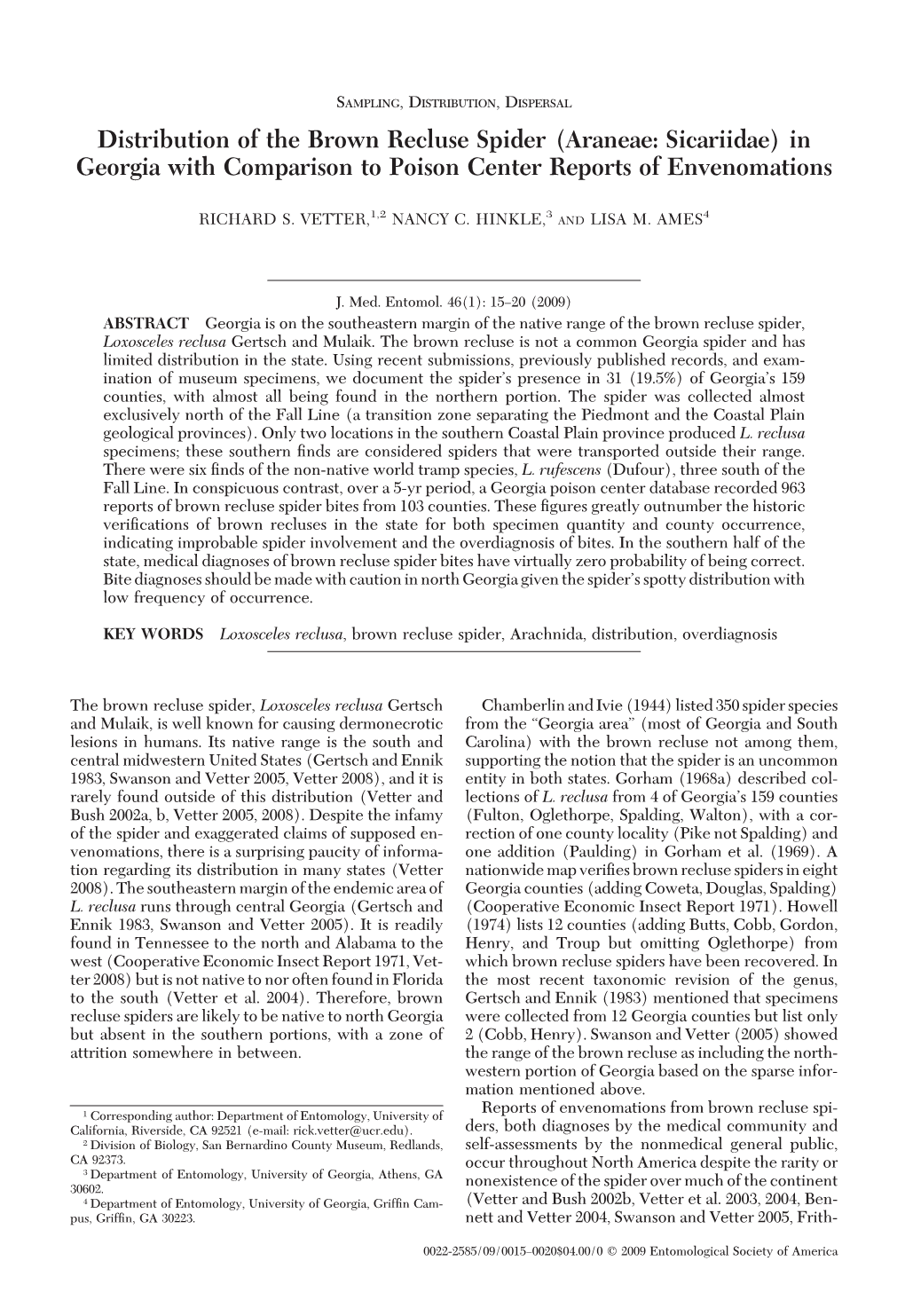 Distribution of the Brown Recluse Spider (Araneae: Sicariidae) in Georgia with Comparison to Poison Center Reports of Envenomations