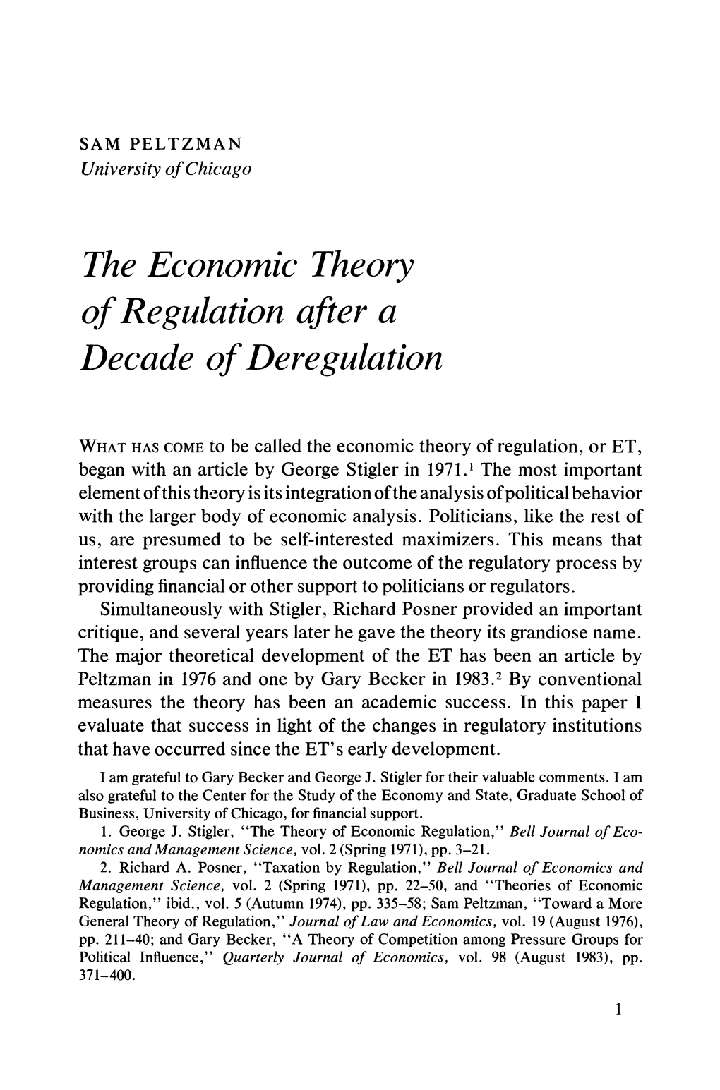 The Economic Theory of Regulation After a Decade of Deregulation