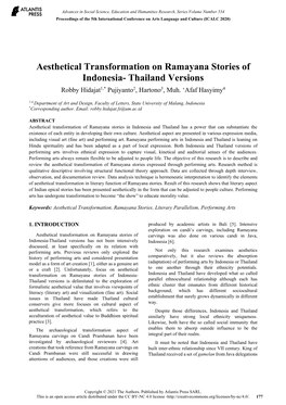 Aesthetical Transformation on Ramayana Stories of Indonesia- Thailand Versions Robby Hidajat1,* Pujiyanto2, Hartono3, Muh
