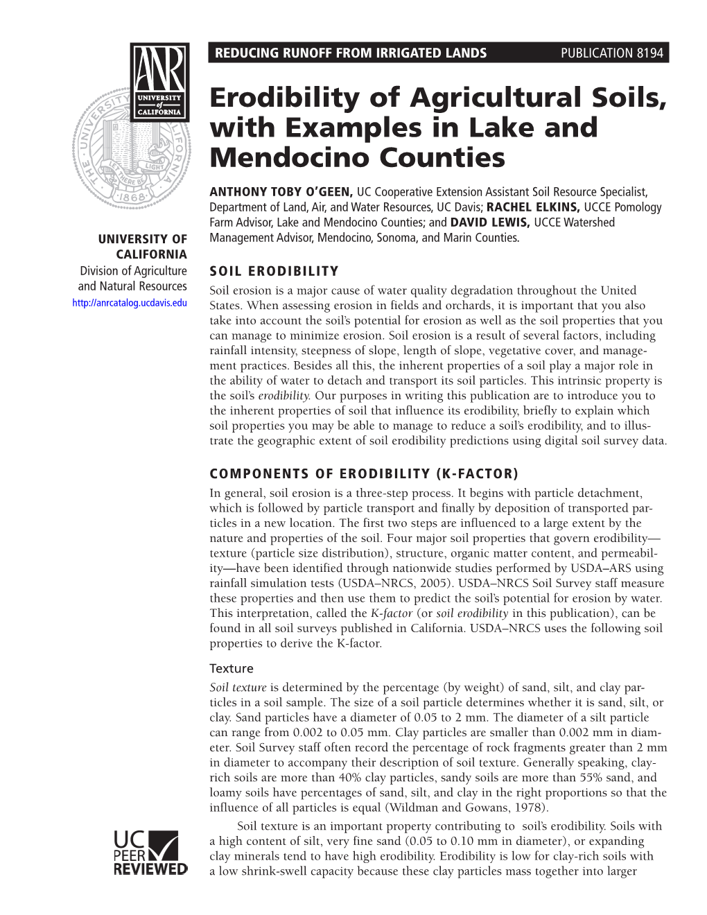 Erodibility of Agricultural Soils, with Examples in Lake and Mendocino