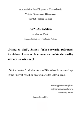 „Pisarz W Sieci”. Zasady Funkcjonowania Twórczości Stanisława Lema W Internecie Na Podstawie Analizy Witryny: Solaris.Lem.Pl