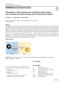 The Partition of Salts (I) Between Two Immiscible Solution Phases and (Ii) Between the Solid Salt Phase and Its Saturated Salt Solution