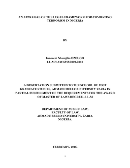 An Appraisal of the Legal Framework for Combating Terrorism in Nigeria