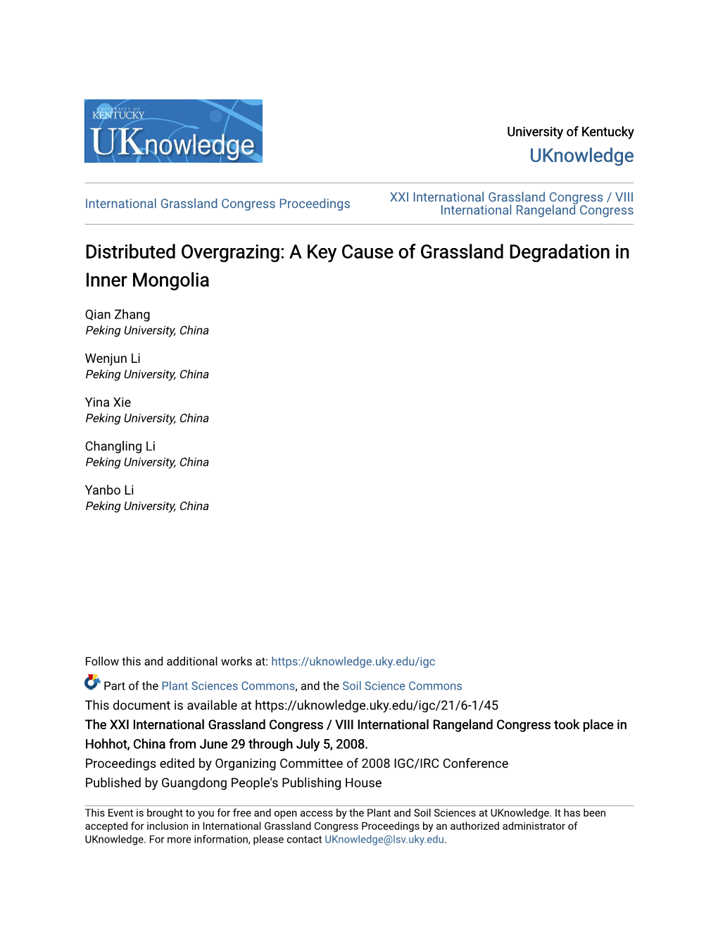 Distributed Overgrazing: a Key Cause of Grassland Degradation in Inner Mongolia