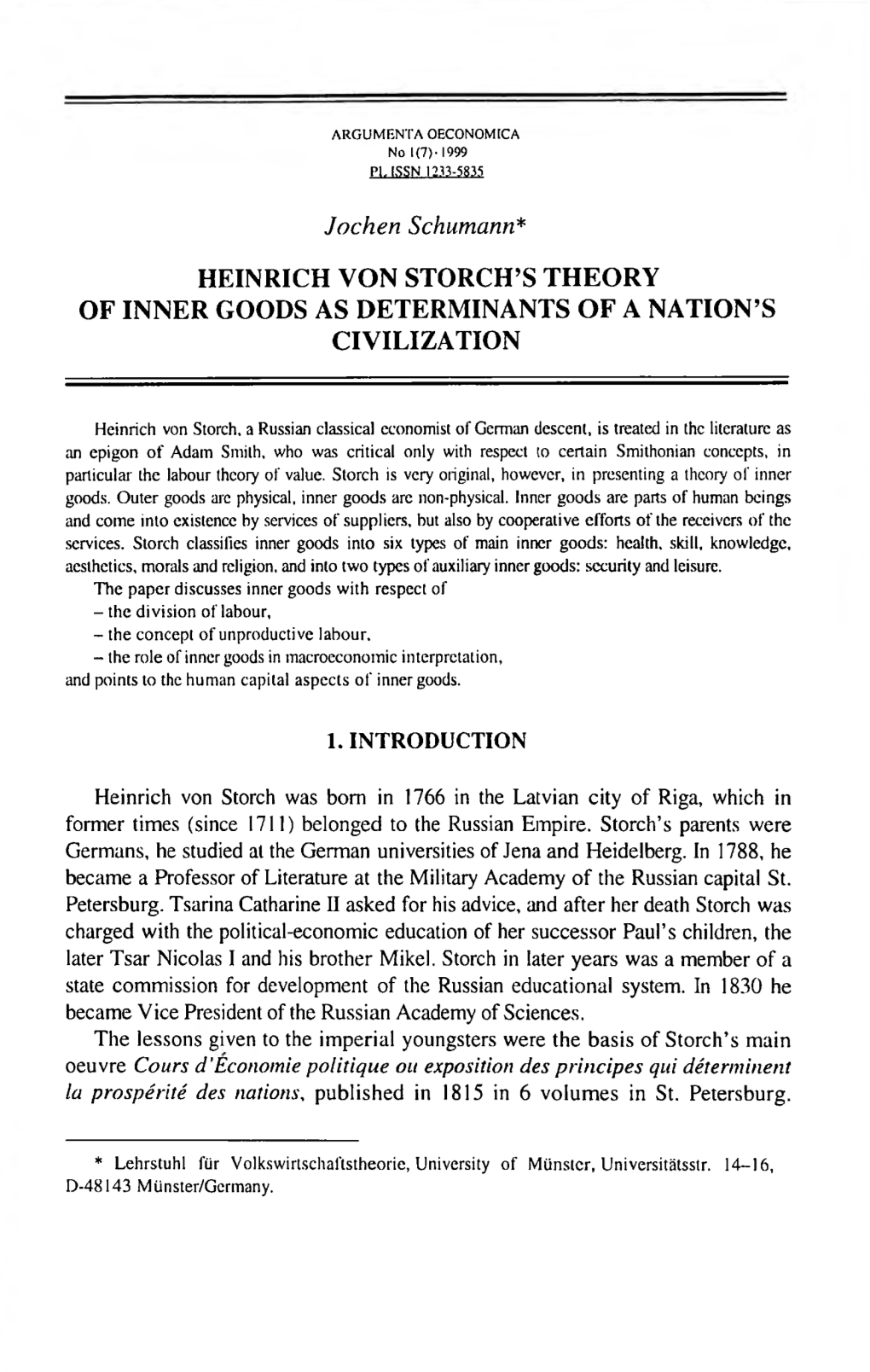 Heinrich Von Storch's Theory of Inner Goods As Determinants of a Nation's