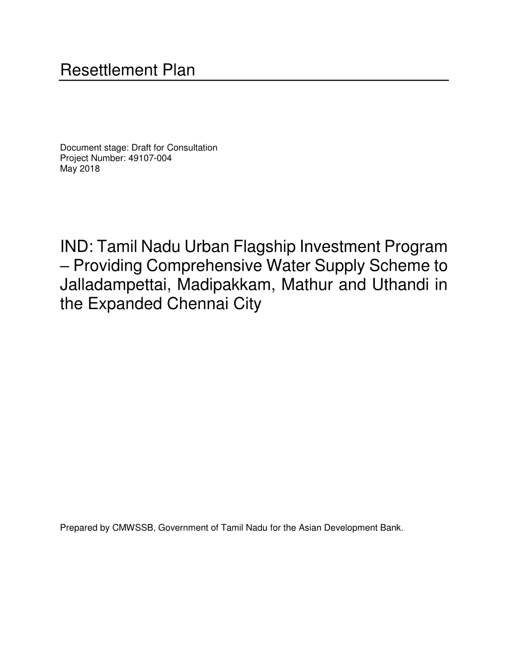 Providing Comprehensive Water Supply Scheme to Jalladampettai, Madipakkam, Mathur and Uthandi in the Expanded Chennai City