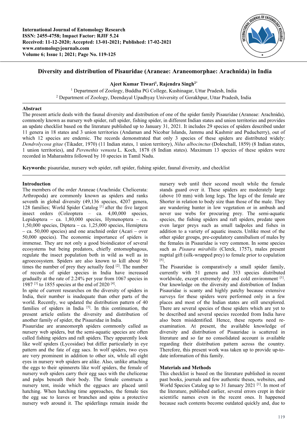 Diversity and Distribution of Pisauridae (Araneae: Araneomorphae: Arachnida) in India