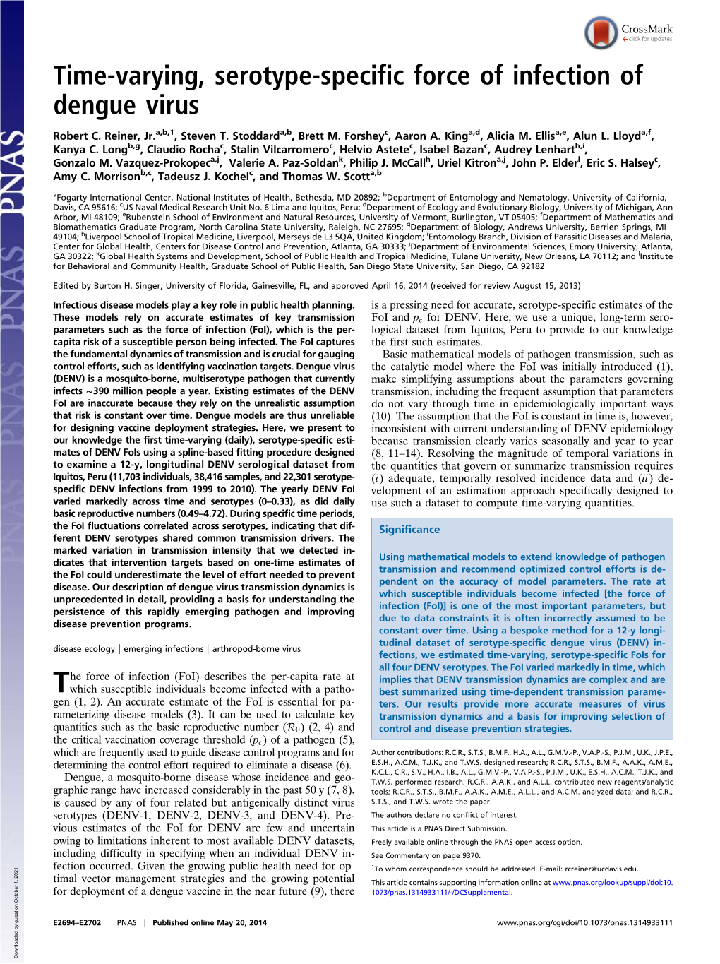 Time-Varying, Serotype-Specific Force of Infection of Dengue Virus