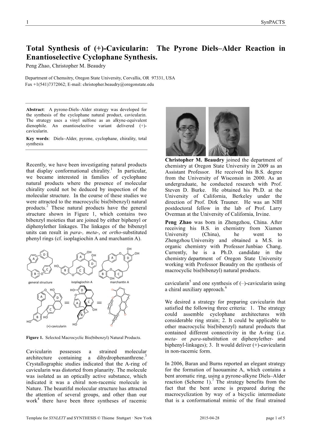 Total Synthesis of (+)-Cavicularin: the Pyrone Diels–Alder Reaction in Enantioselective Cyclophane Synthesis