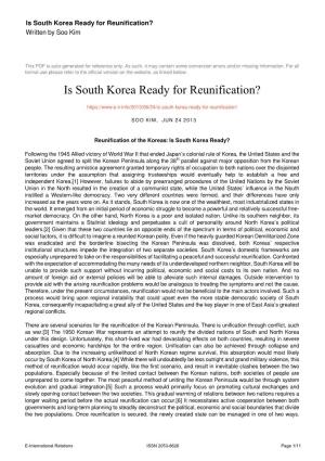 Is South Korea Ready for Reunification? Written by Soo Kim