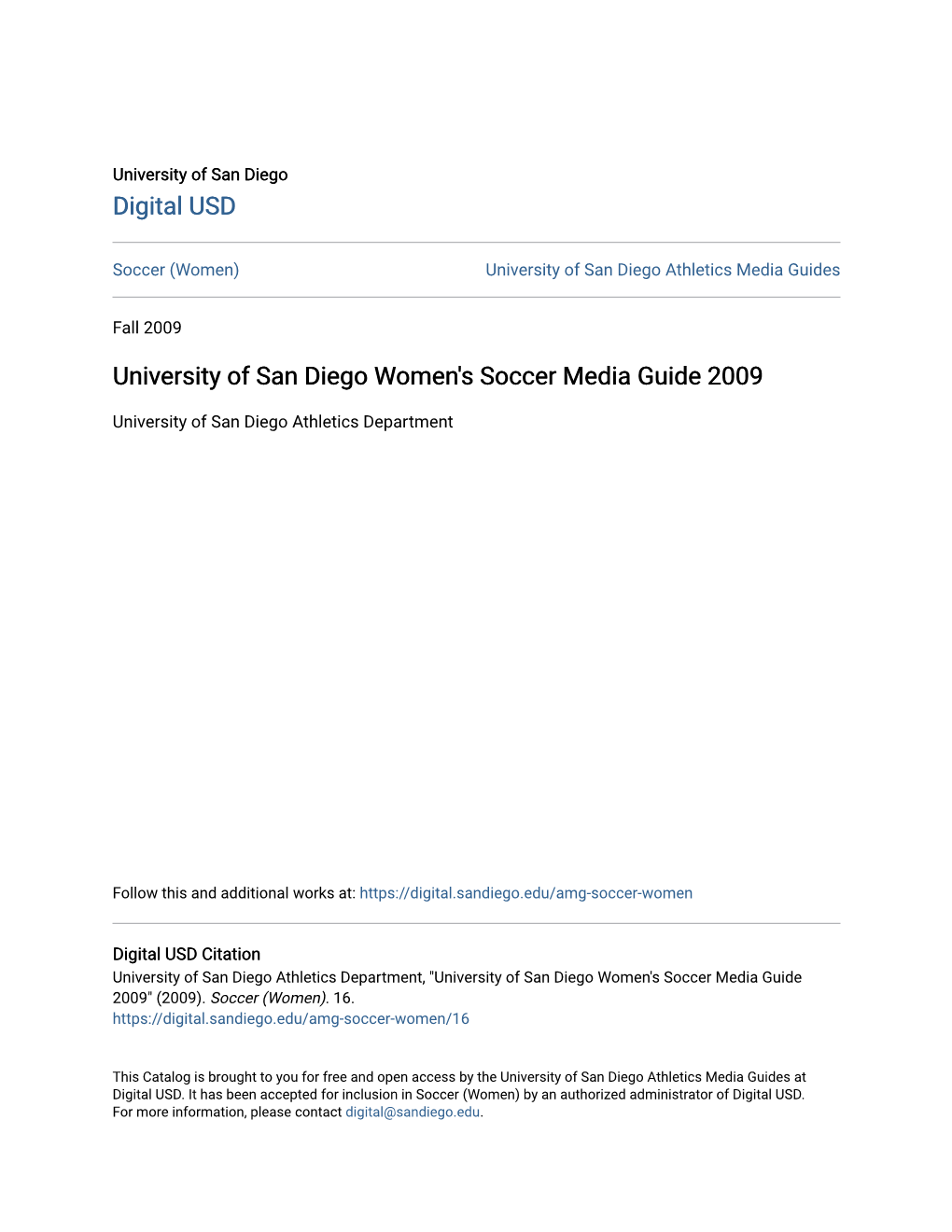 University of San Diego Women's Soccer Media Guide 2009