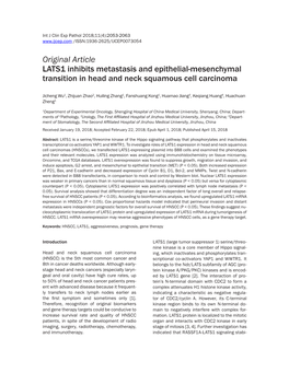 Original Article LATS1 Inhibits Metastasis and Epithelial-Mesenchymal Transition in Head and Neck Squamous Cell Carcinoma