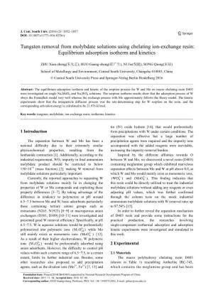 Tungsten Removal from Molybdate Solutions Using Chelating Ion-Exchange Resin: Equilibrium Adsorption Isotherm and Kinetics