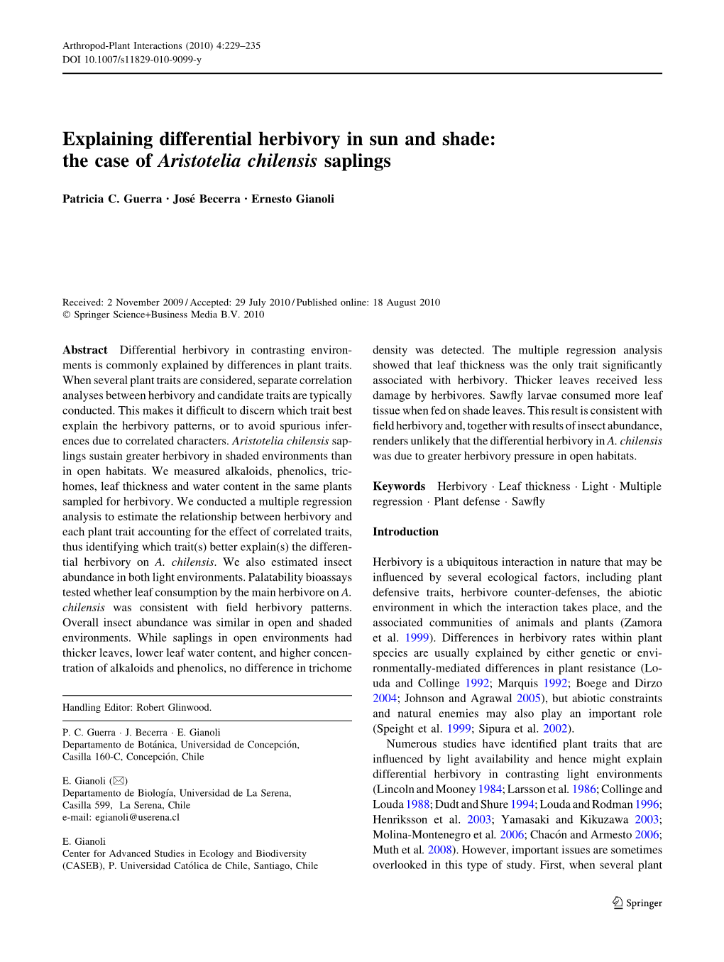 Explaining Differential Herbivory in Sun and Shade: the Case of Aristotelia Chilensis Saplings