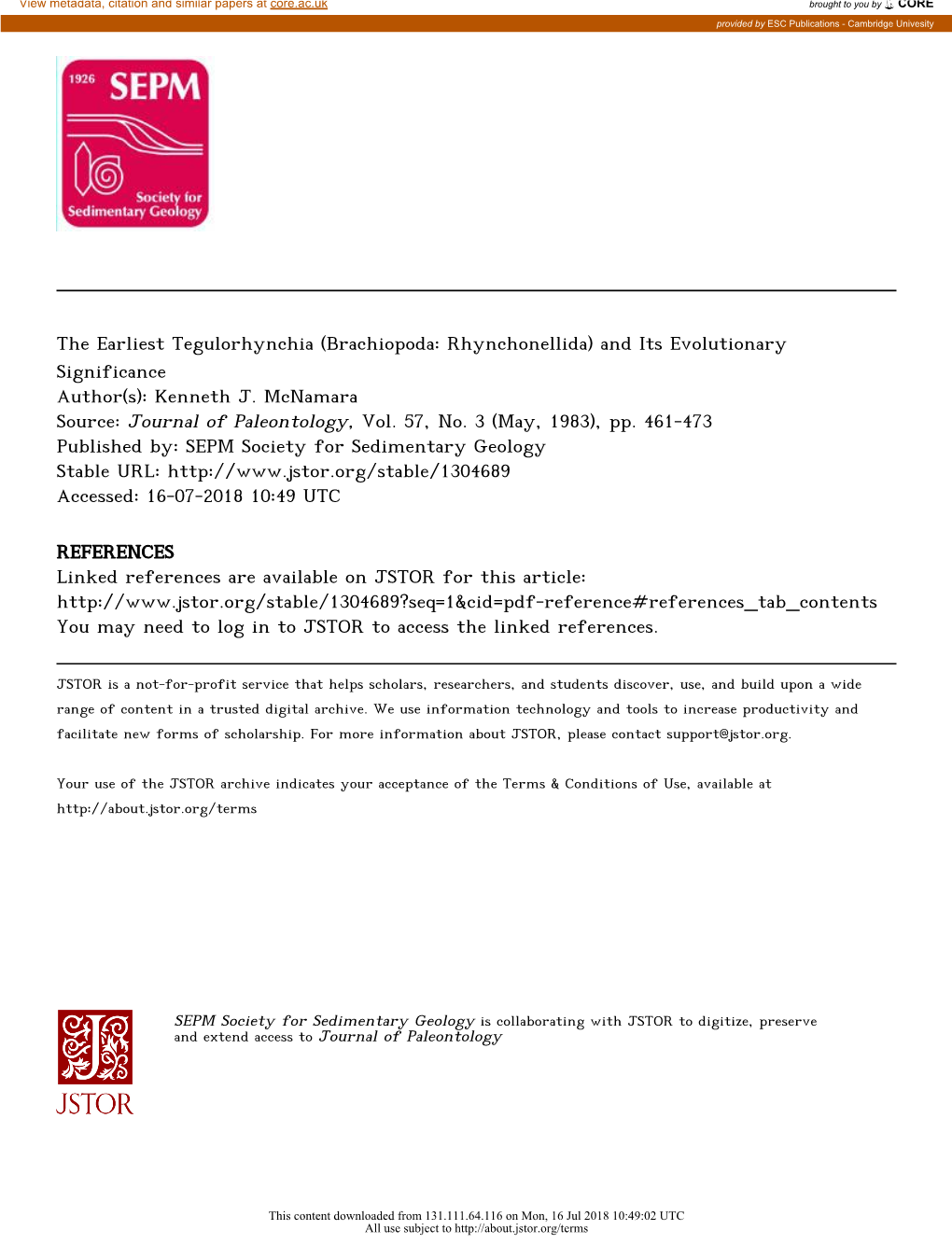 Brachiopoda: Rhynchonellida) and Its Evolutionary Significance Author(S): Kenneth J