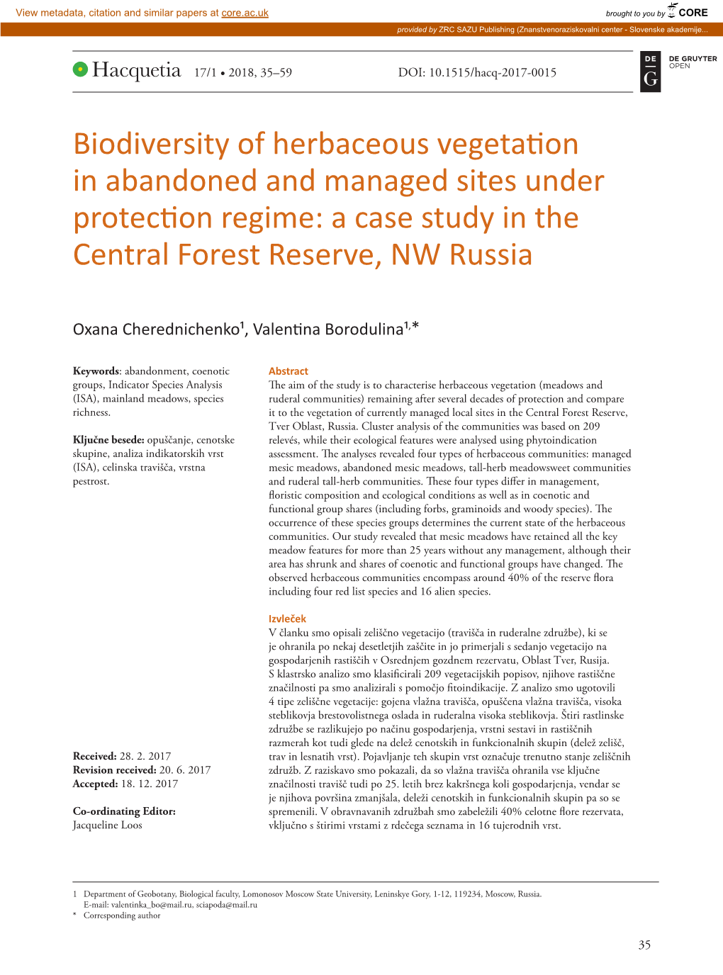 Biodiversity of Herbaceous Vegetation in Abandoned and Managed Sites Under Protection Regime: a Case Study in the Central Forest Reserve, NW Russia