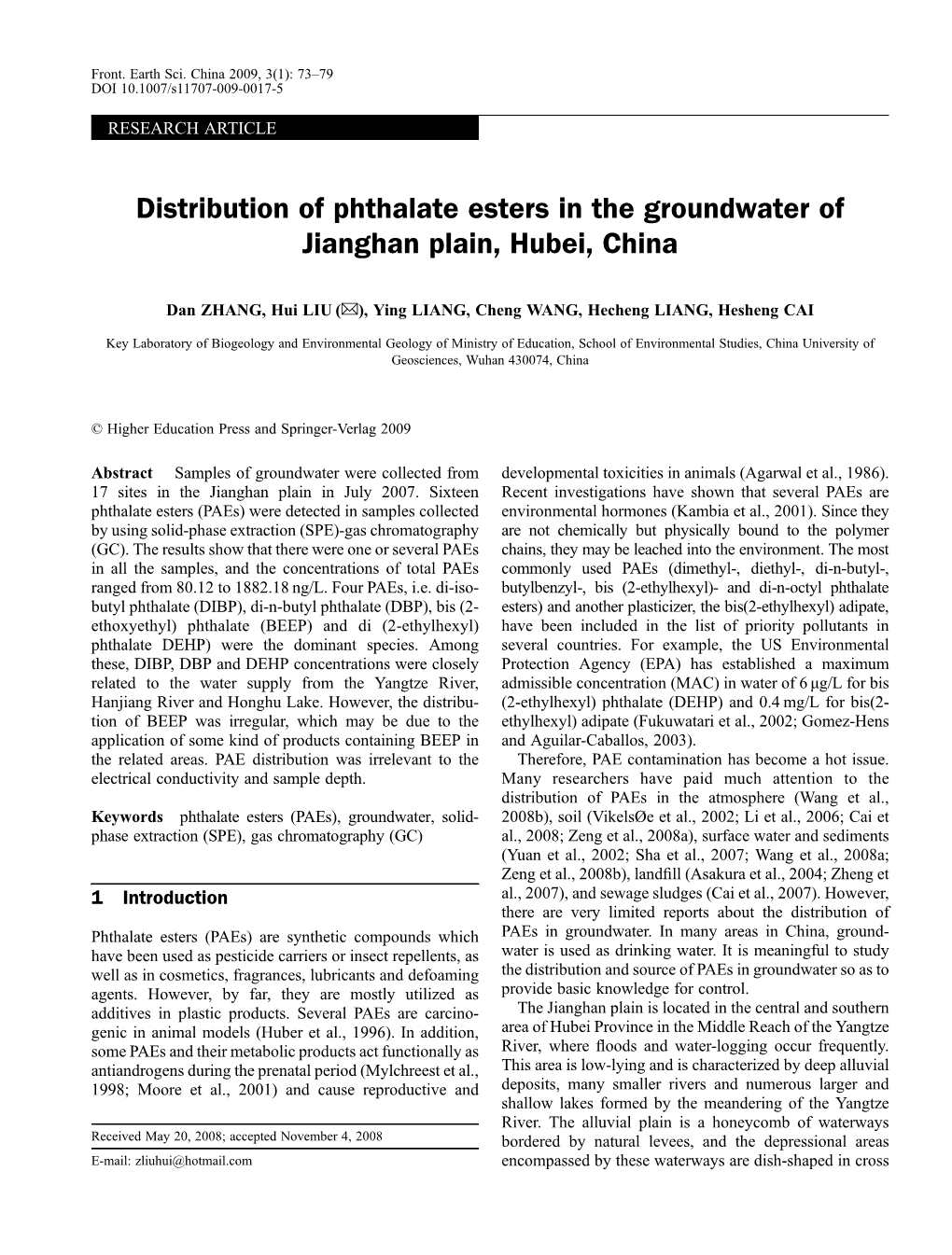 Distribution of Phthalate Esters in the Groundwater of Jianghan Plain, Hubei, China