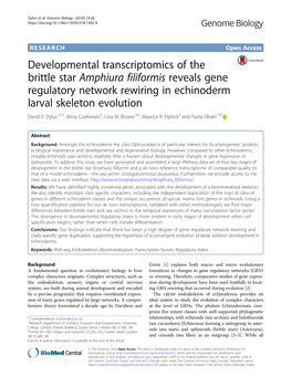 Developmental Transcriptomics of the Brittle Star Amphiura Filiformis Reveals Gene Regulatory Network Rewiring in Echinoderm Larval Skeleton Evolution David V