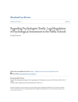 Regarding Psychologists Testily: Legal Regulation of Psychological Assessment in the Public Schools Donald N
