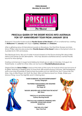 Priscilla Queen of the Desert Rocks Into Australia for 10Th Anniversary Tour from January 2018