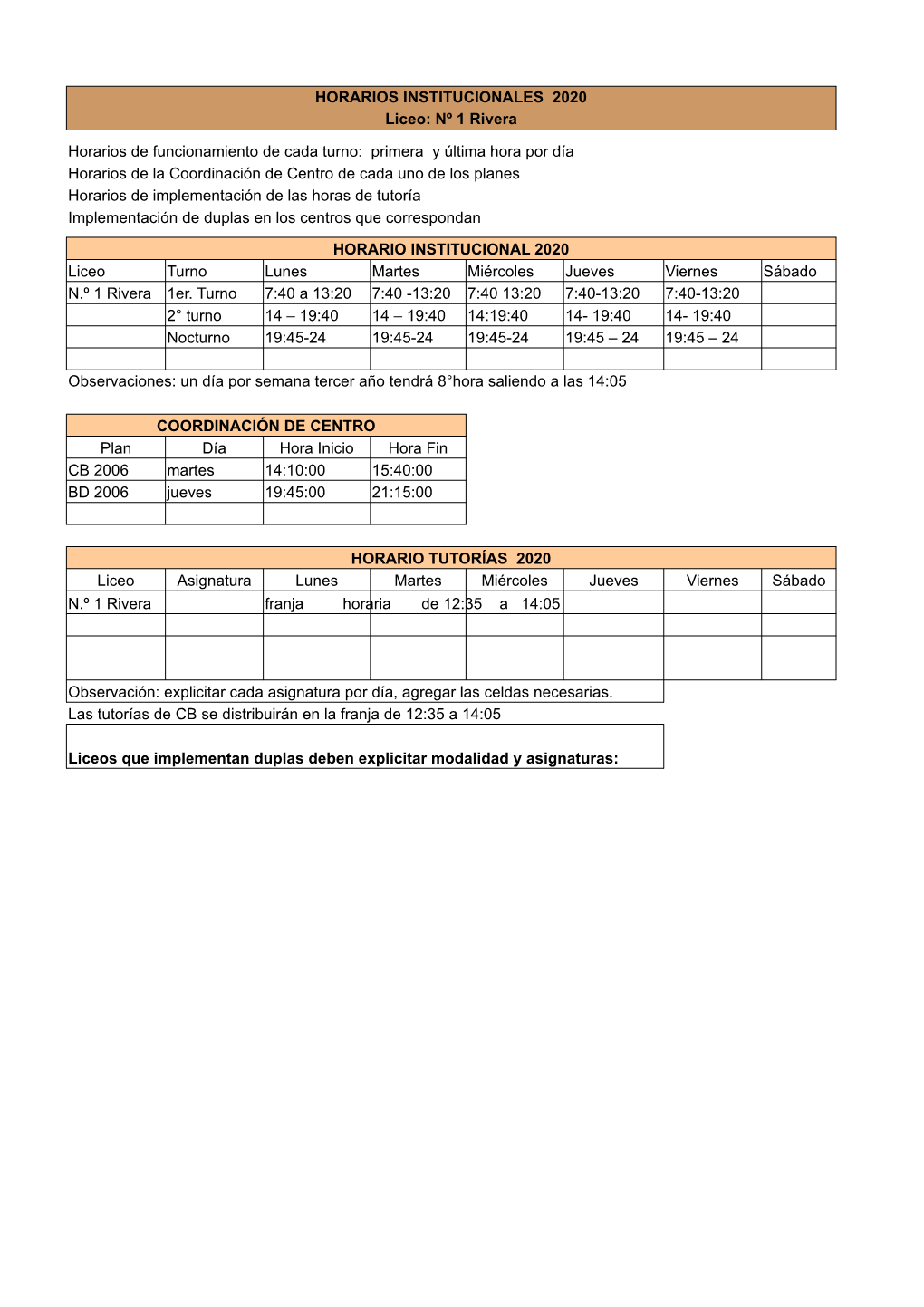 Nº 1 Rivera Horarios De Funcionamiento De Cada Turno