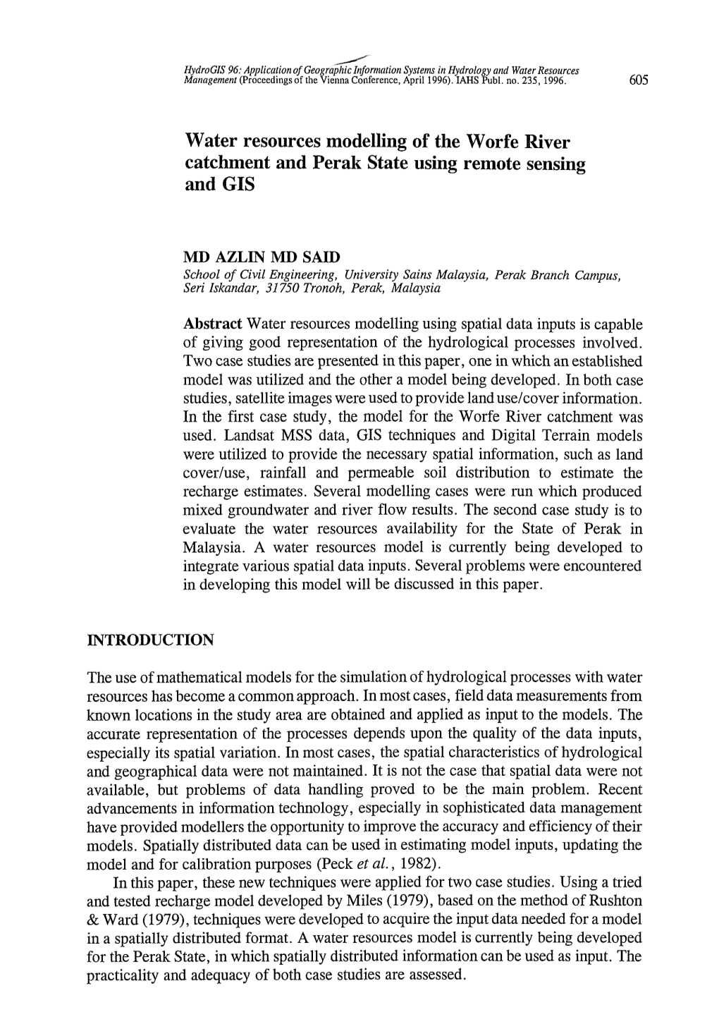 Water Resources Modelling of the Worfe River Catchment and Perak State Using Remote Sensing and GIS