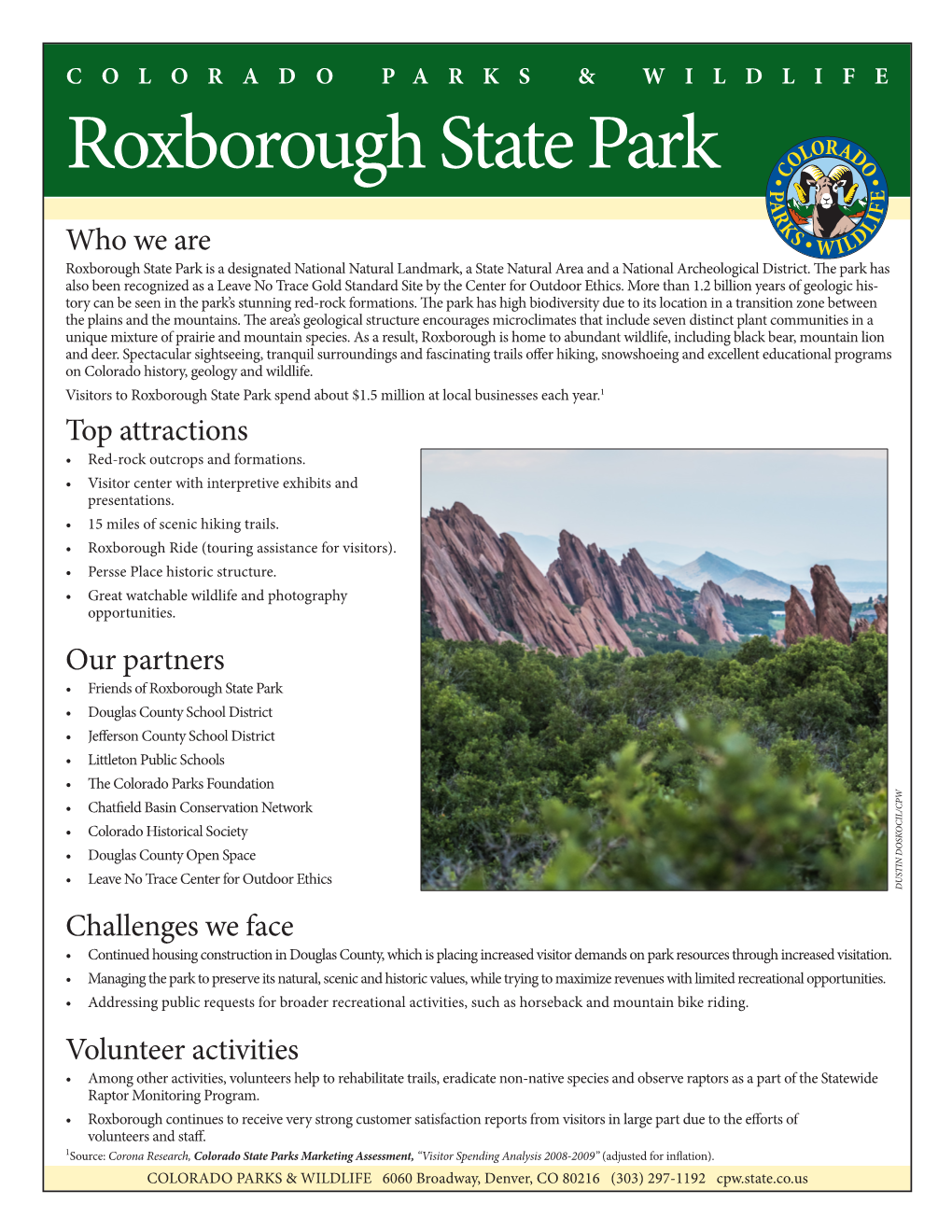 Roxborough State Park Fact Sheet