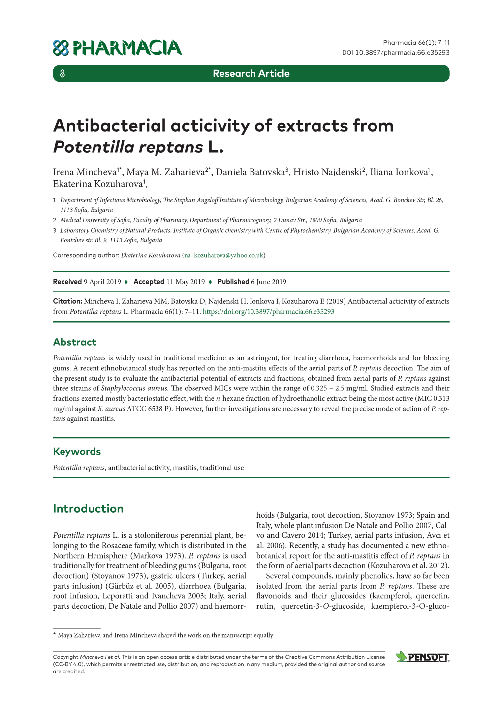 Antibacterial Acticivity of Extracts from Potentilla Reptans L