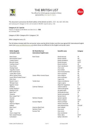 THE BRITISH LIST the Official List of Bird Species Recorded in Britain Sponsored by Leica Sports Optics